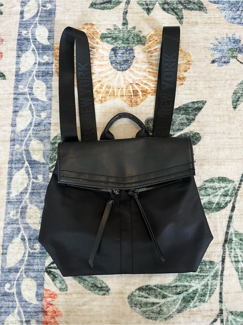 Botkier New York Mini Trigger Black Nylon Backpack Faux Leather Embossed Logo